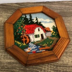 Vtg Rustic Octagonal Needlepoint Wall Art